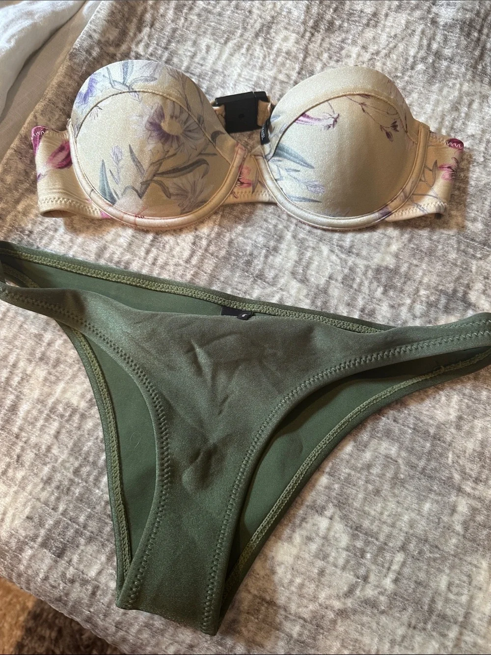 triangl swimwear Floral Strapless Bikini Top with Olive Green Bottoms